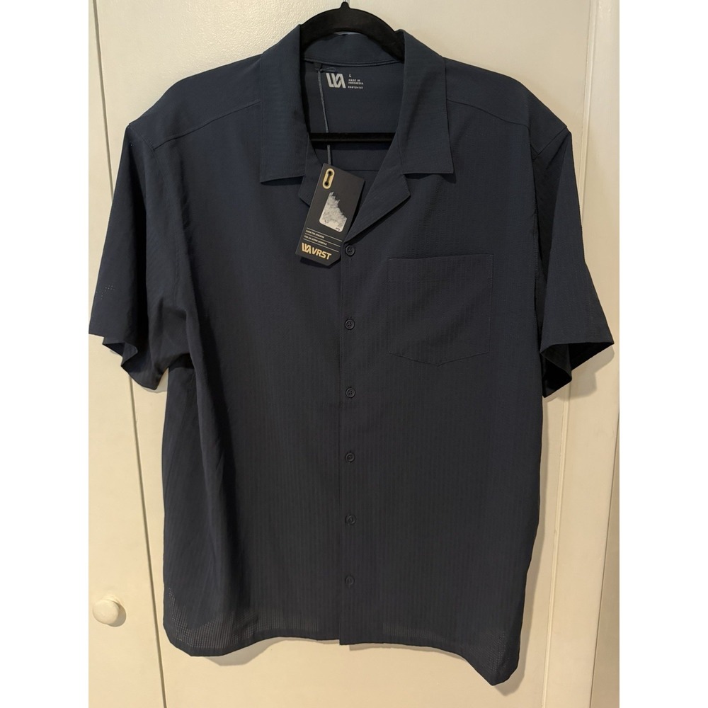 VRST Men's Performance Resort Shirt Large Dark Navy Seersucker Stretch NWT